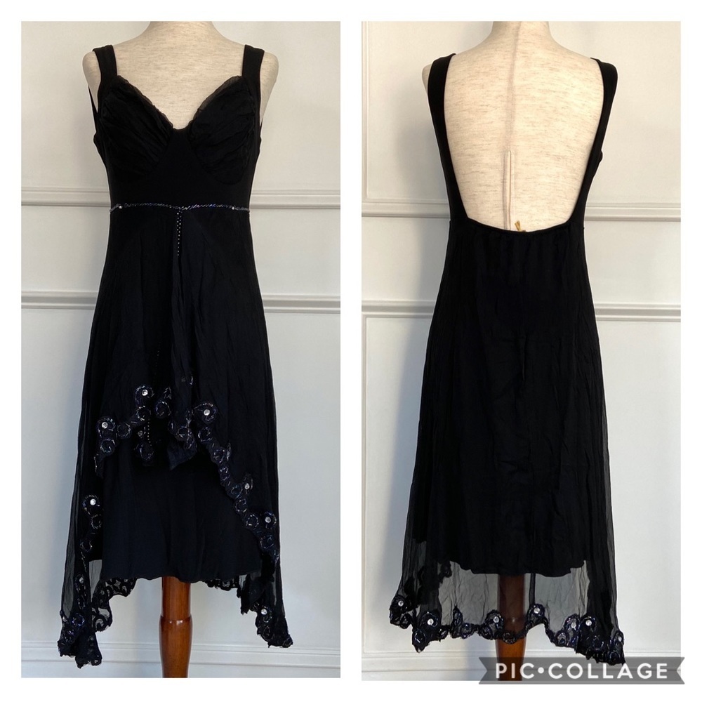 Amanda Adams Couture Black Beaded Cocktail Dress High Low Sz S V Neck